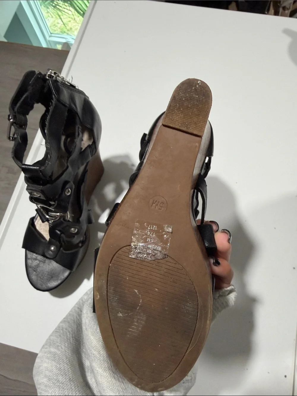 Guess Black Leather Strappy Wedge Sandals with Wood-Effect Platform